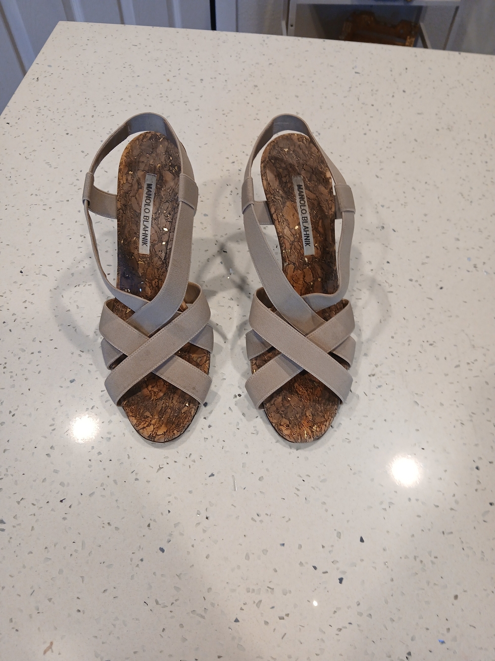 Manolo Blahnik Beige Crisscross Cork Insole Slingback Heels